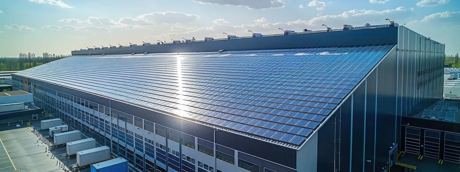 Aerial view of a large warehouse roof covered in solar panels